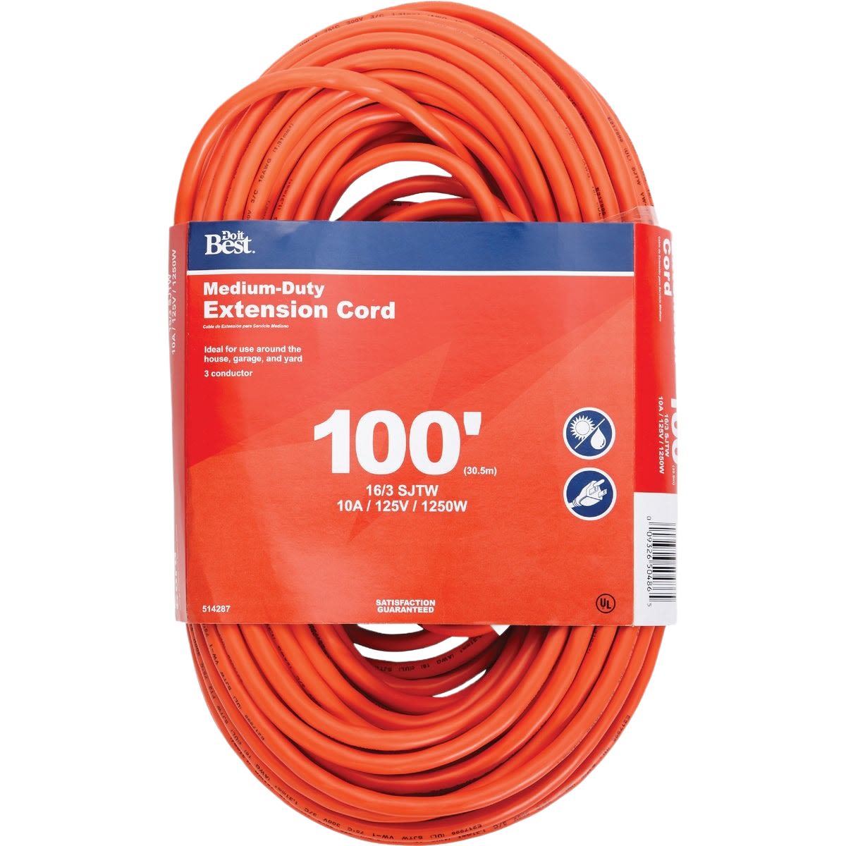 Coiled heavy-duty orange outdoor extension cord with durable insulation for home improvement and tool use