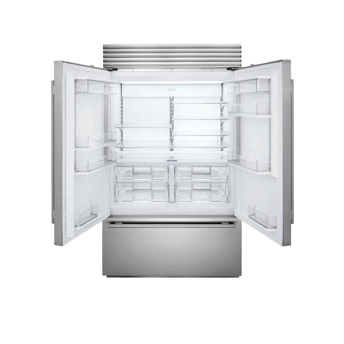 Stainless steel French door refrigerator with open doors revealing adjustable shelves and clear crisper drawers in kitchen appliances collection