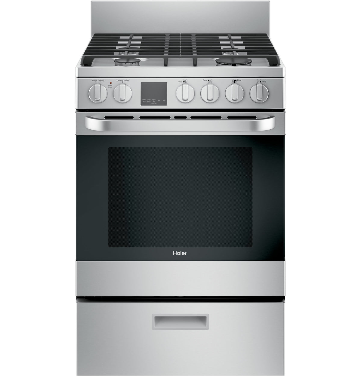 Stainless steel 24-inch gas range with convection oven, modular backguard, and front control knobs in kitchen appliances collection
