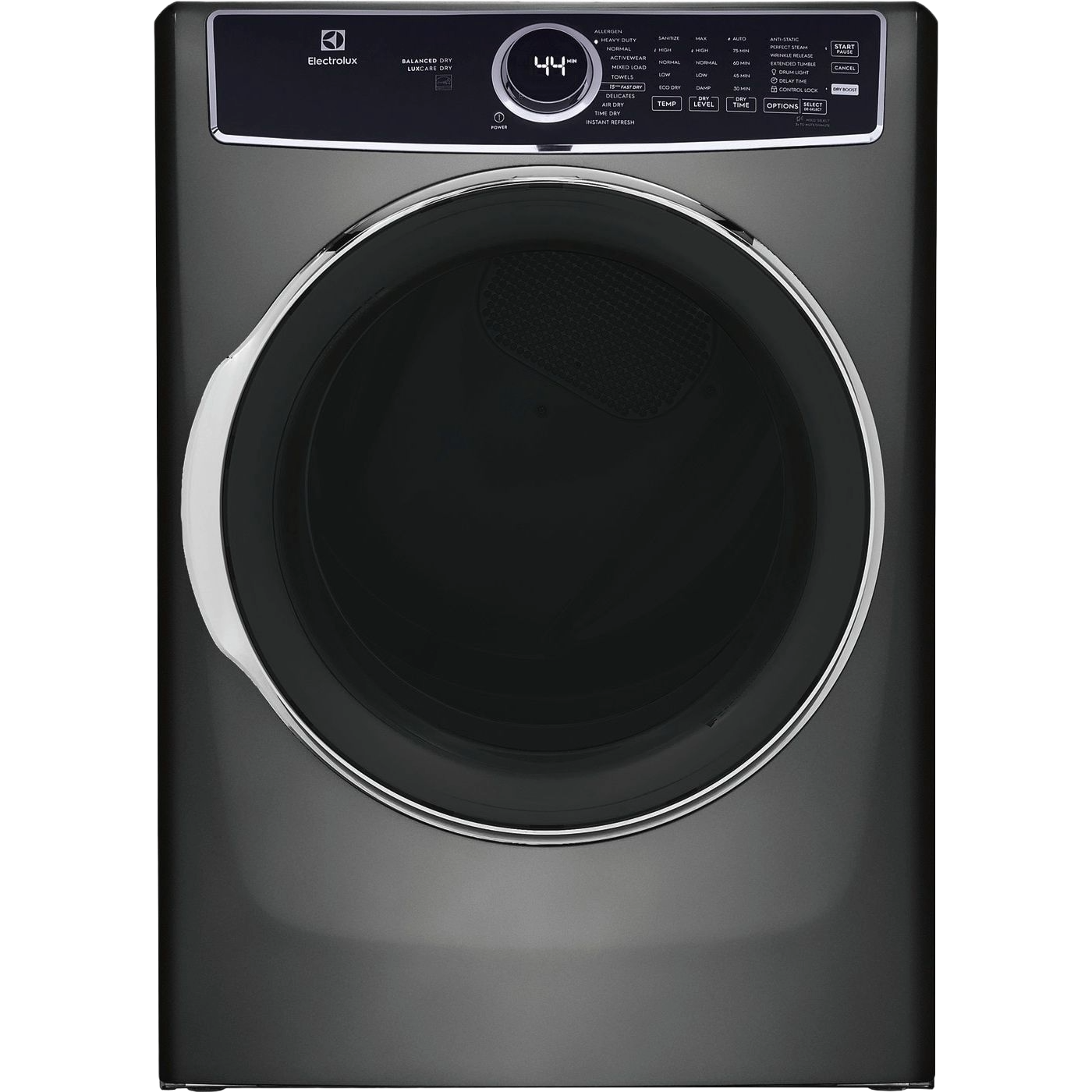 Front load dark gray electric dryer with digital control panel and large circular door in modern appliance setting