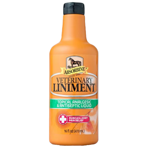 Orange bottle of absorbine veterinary liniment for muscle and joint pain relief in animals