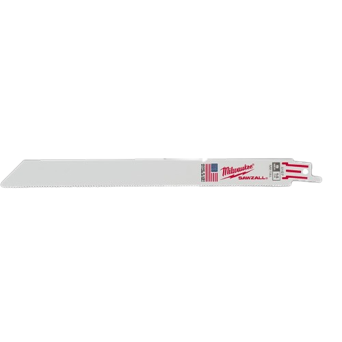 Metal reciprocating saw blade with 14 TPI teeth and red Milwaukee branding for tools and home improvement projects
