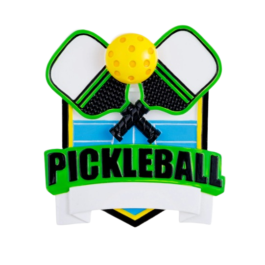 Pickleball shield ornament with crossed paddles, yellow ball, and court design for Christmas decorations under $50 collection