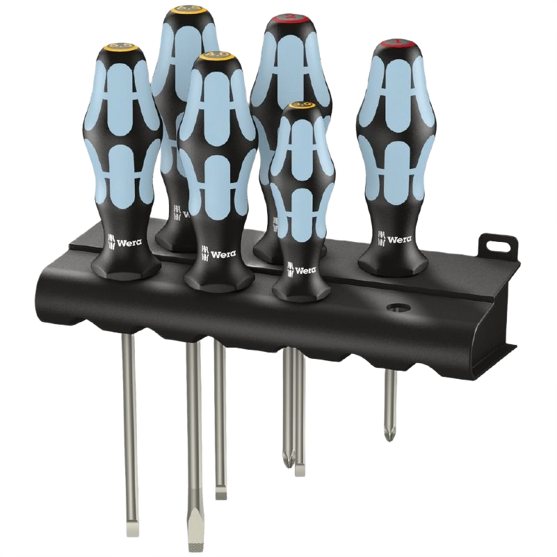 Set of six ergonomic screwdrivers with black and light blue handles and metal shafts on a black tool holder for home improvement tasks