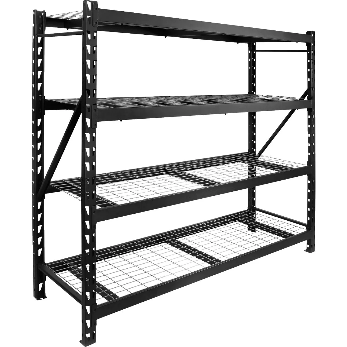 Heavy-duty steel shelving unit with four open grid shelves for industrial storage and organization projects