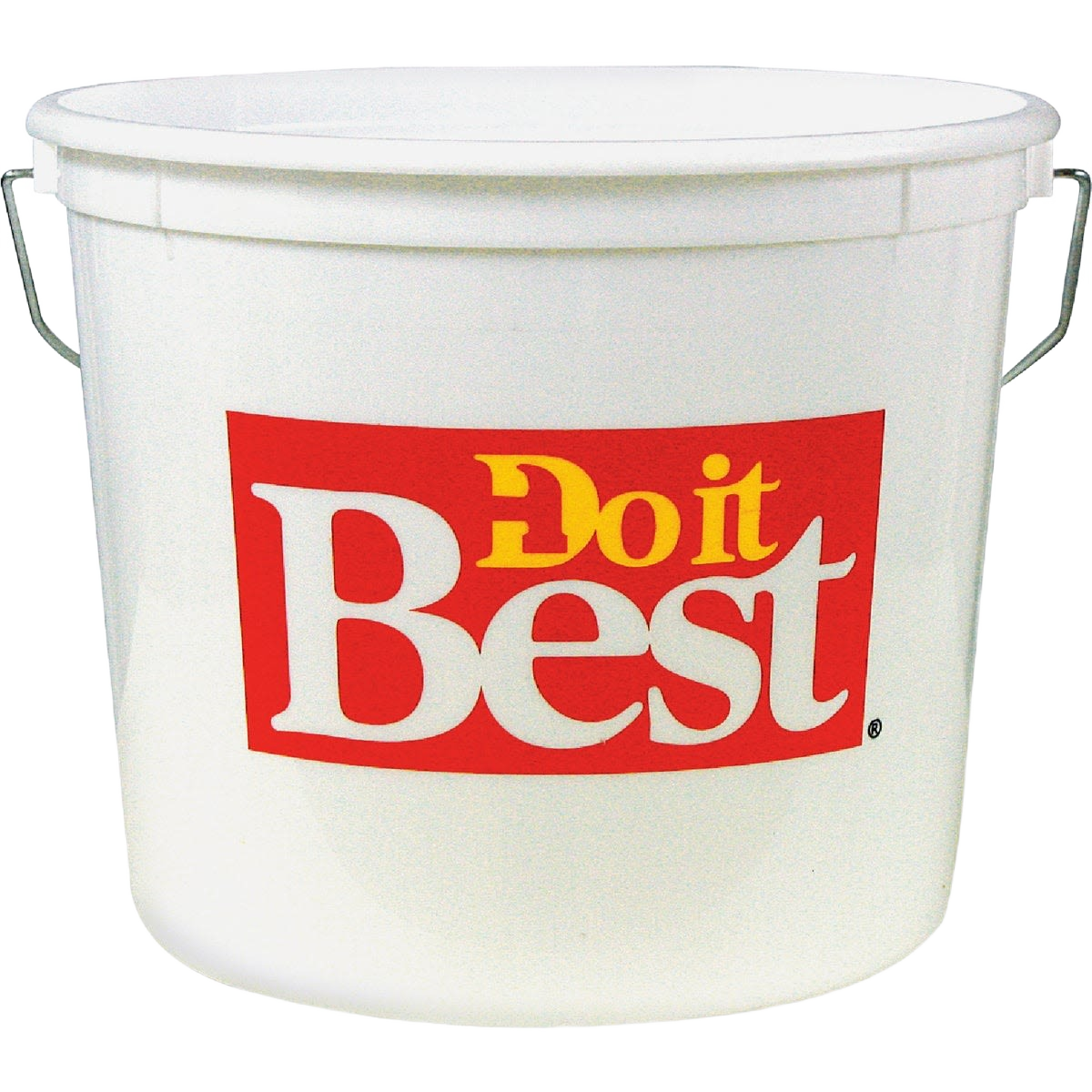 White plastic paint pail with metal handle featuring a red and yellow Do it Best logo for tools and home improvement