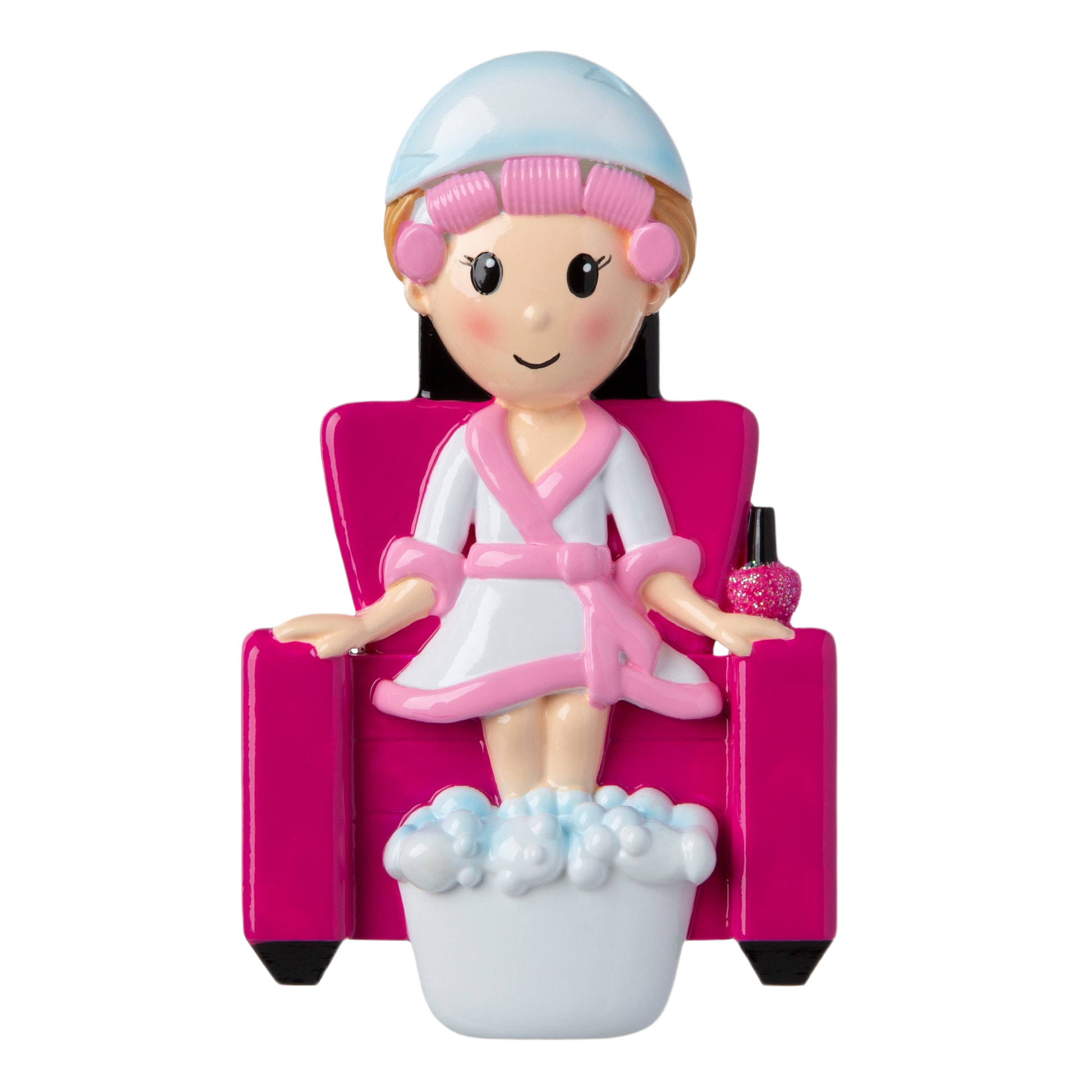 Cute salon ornament featuring a person in pink robe with hair rollers, sitting with feet in bubbly foot bath for Christmas decor