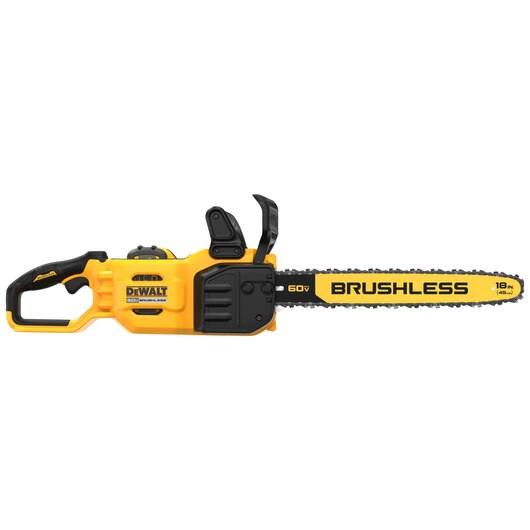 Yellow and black 60V brushless cordless chainsaw with 18-inch bar for efficient cutting in home improvement tasks
