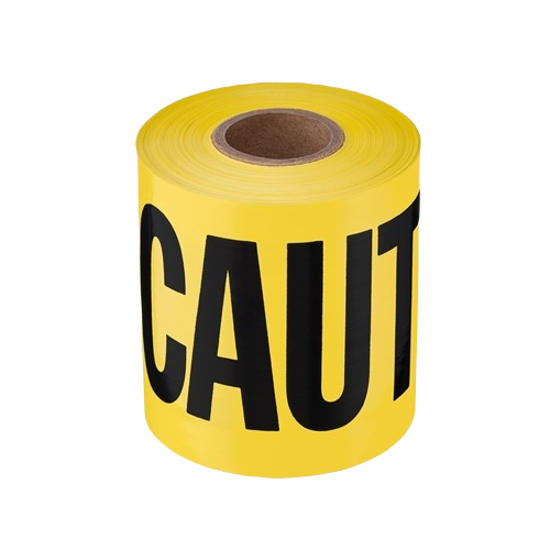 Bright yellow caution tape roll with bold black lettering for safety marking in home improvement projects