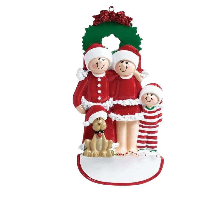 Festive family of three and dog figurines in red holiday attire with green glitter wreath from Christmas Ornaments collection