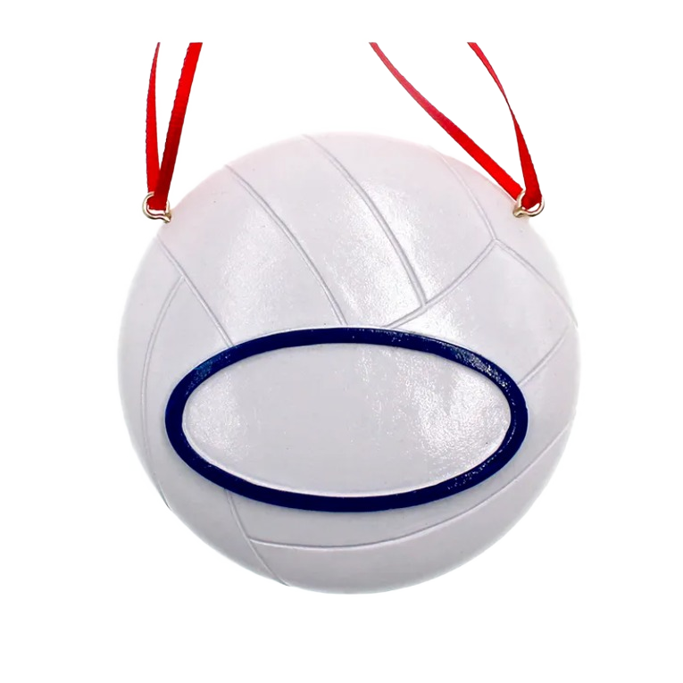 White volleyball Christmas ornament with blue oval detail and red hanging ribbons for tree decoration under $50 collections