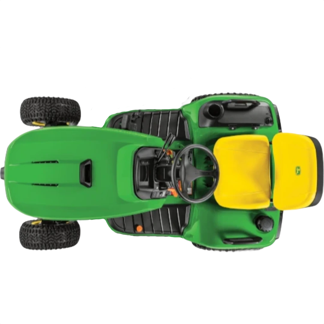 Top view of a green riding lawn mower with yellow seat in the outdoor power equipment and lawn mowers collection