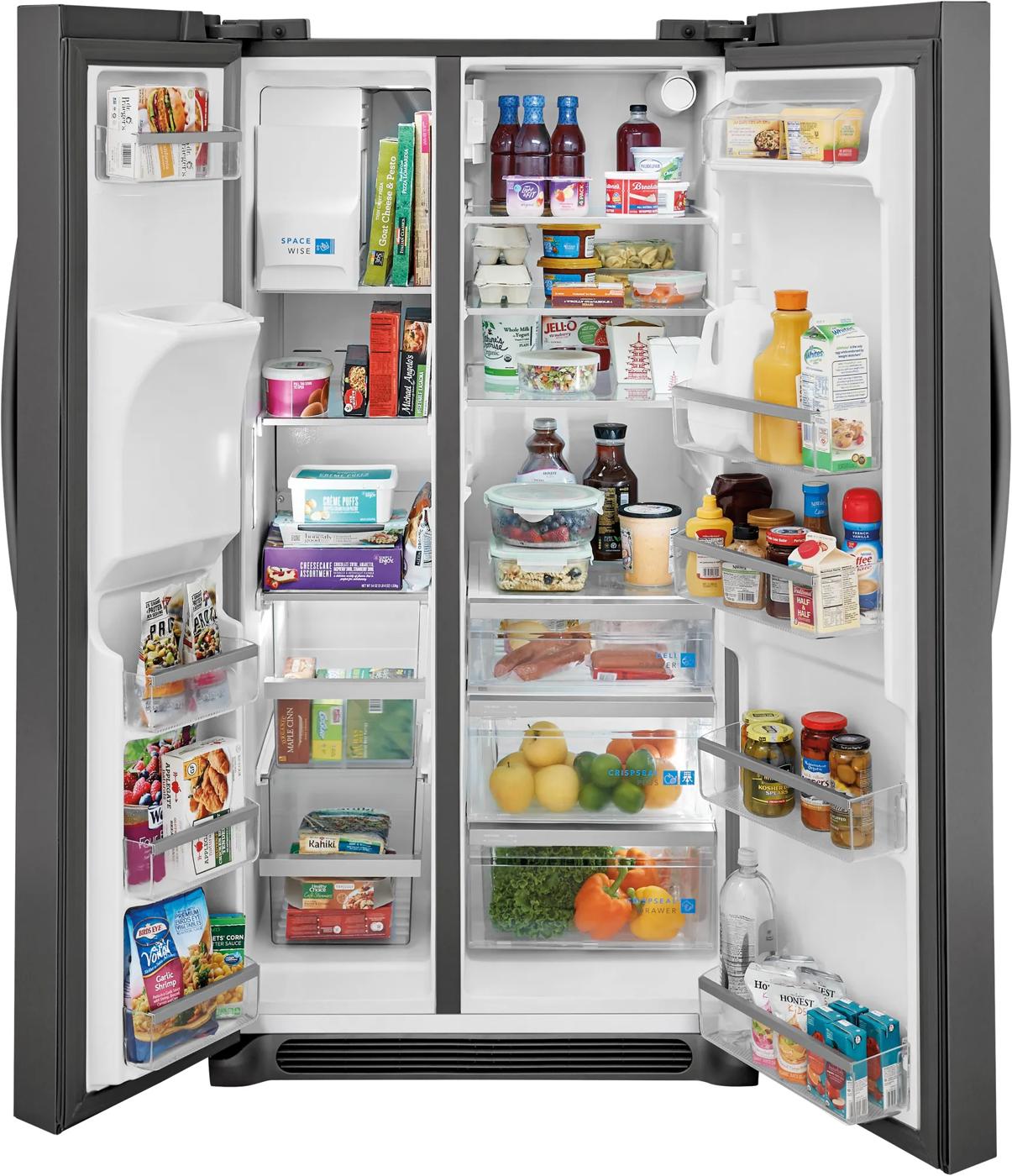 Black side-by-side refrigerator with spacious interior, adjustable shelves, and door bins in Refrigerators and Appliances collections