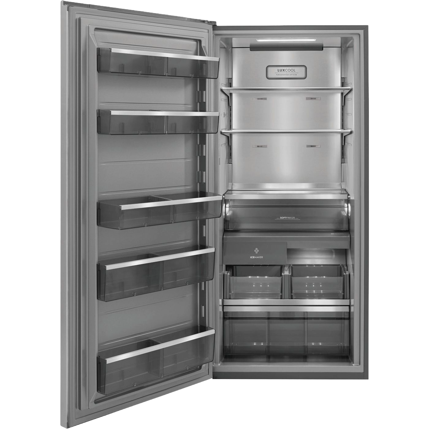 Open stainless steel single-door freezer with multiple adjustable shelves and clear door compartments in Freezers collection