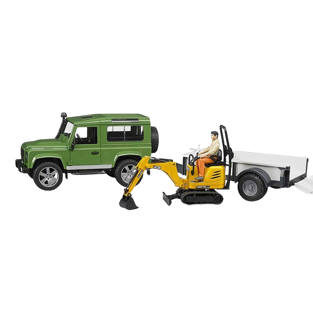 Green off-road toy vehicle towing yellow JCB micro excavator on white trailer from Bruder Toys collection