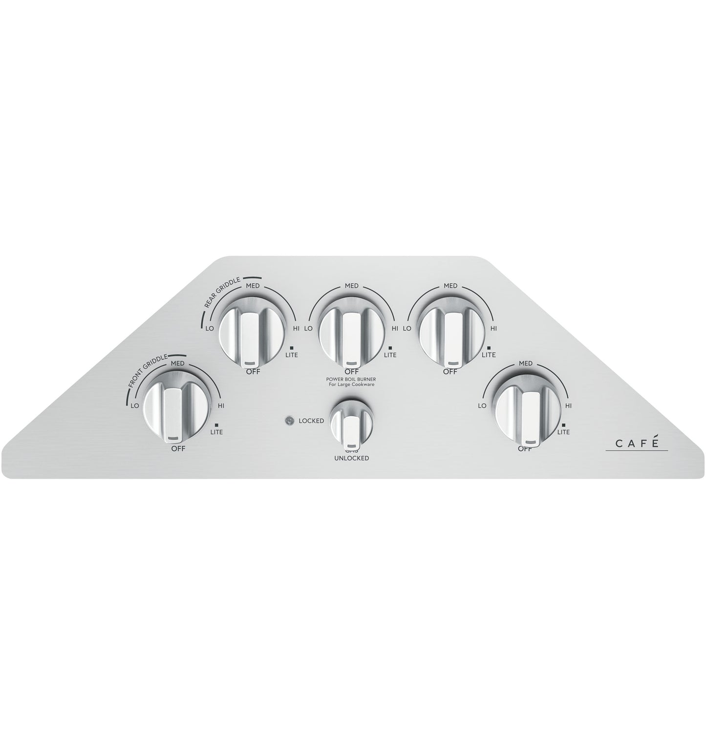 Control panel of stainless steel gas cooktop with five metal control knobs and child safety lock from Gas Cooktops collection