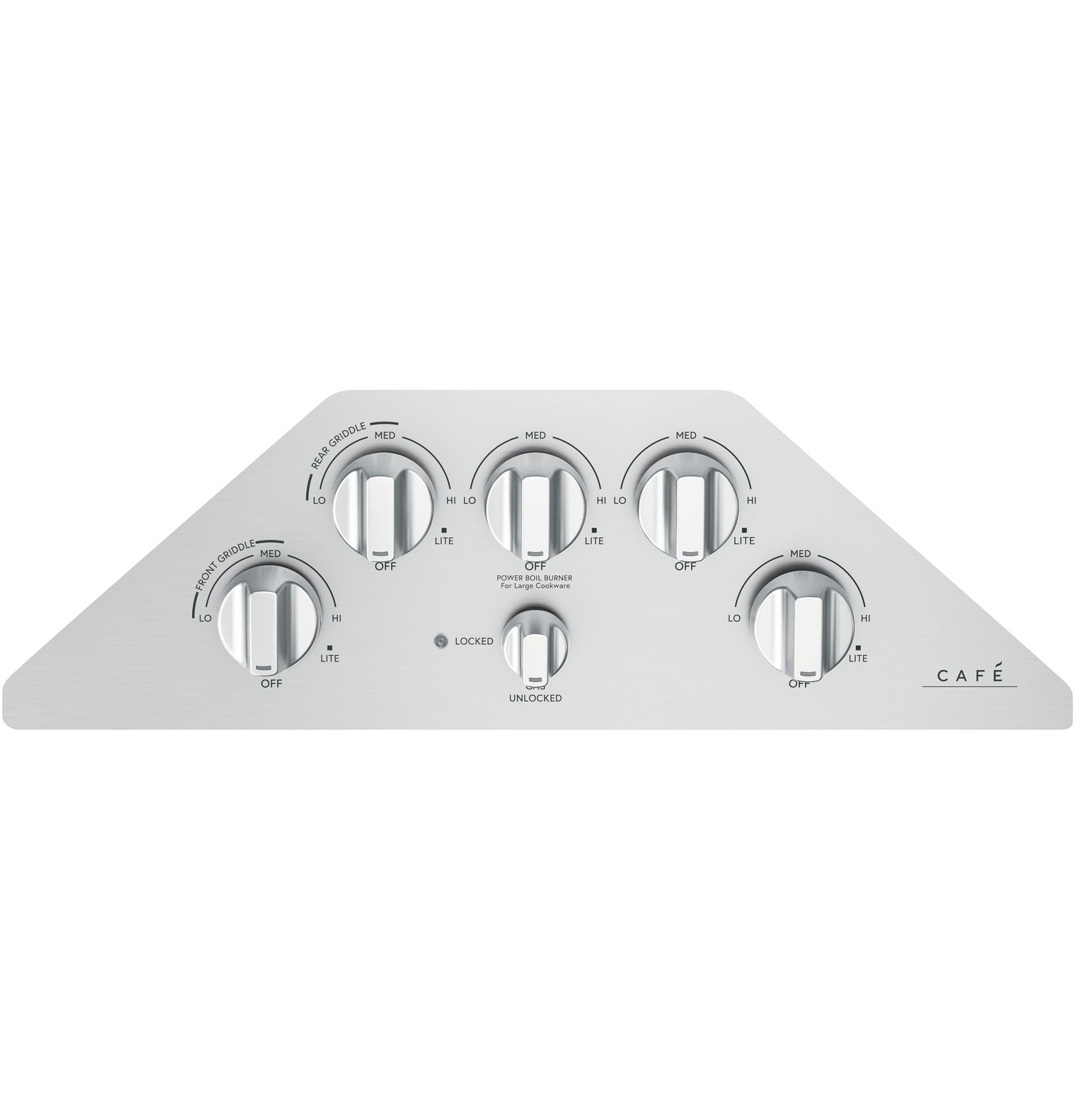 Control panel of stainless steel gas cooktop with five metal control knobs and child safety lock from Gas Cooktops collection