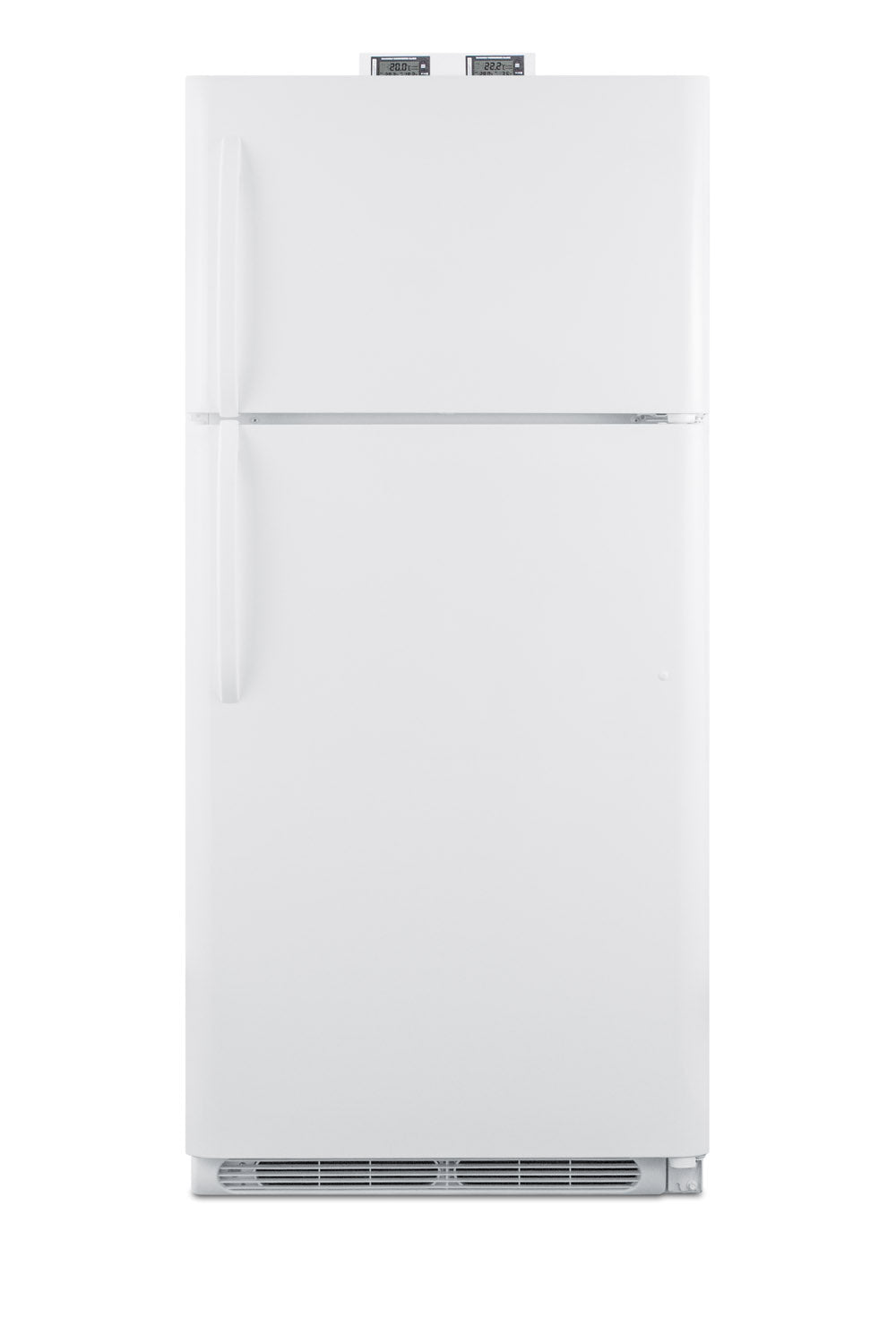 White top freezer refrigerator with external digital controls and curved handles, part of Refrigerators, Top Freezer Refrigerators, Kitchen & Kitchenware, and Appliances collections at Hartville Hardware.