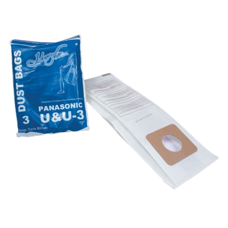 Three-pack of white upright vacuum dust bags with cardboard collar for home cleaning and maintenance use