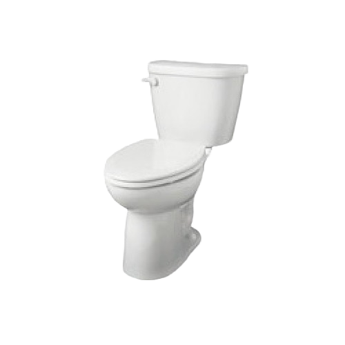 White elongated toilet bowl with attached tank and closed seat for bathroom home improvement projects