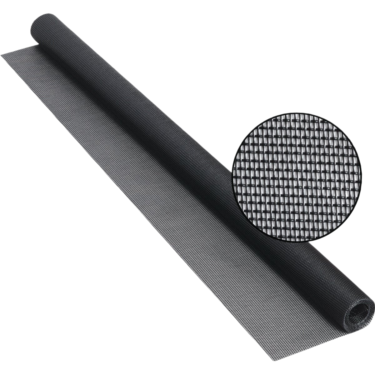 Roll of black pet-resistant screening fabric with close-up detail of woven mesh texture for home improvement use