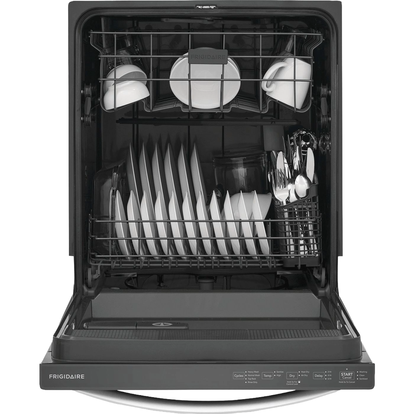 Open built-in dishwasher with white dishes, cups, and silverware inside in kitchen appliances collection.