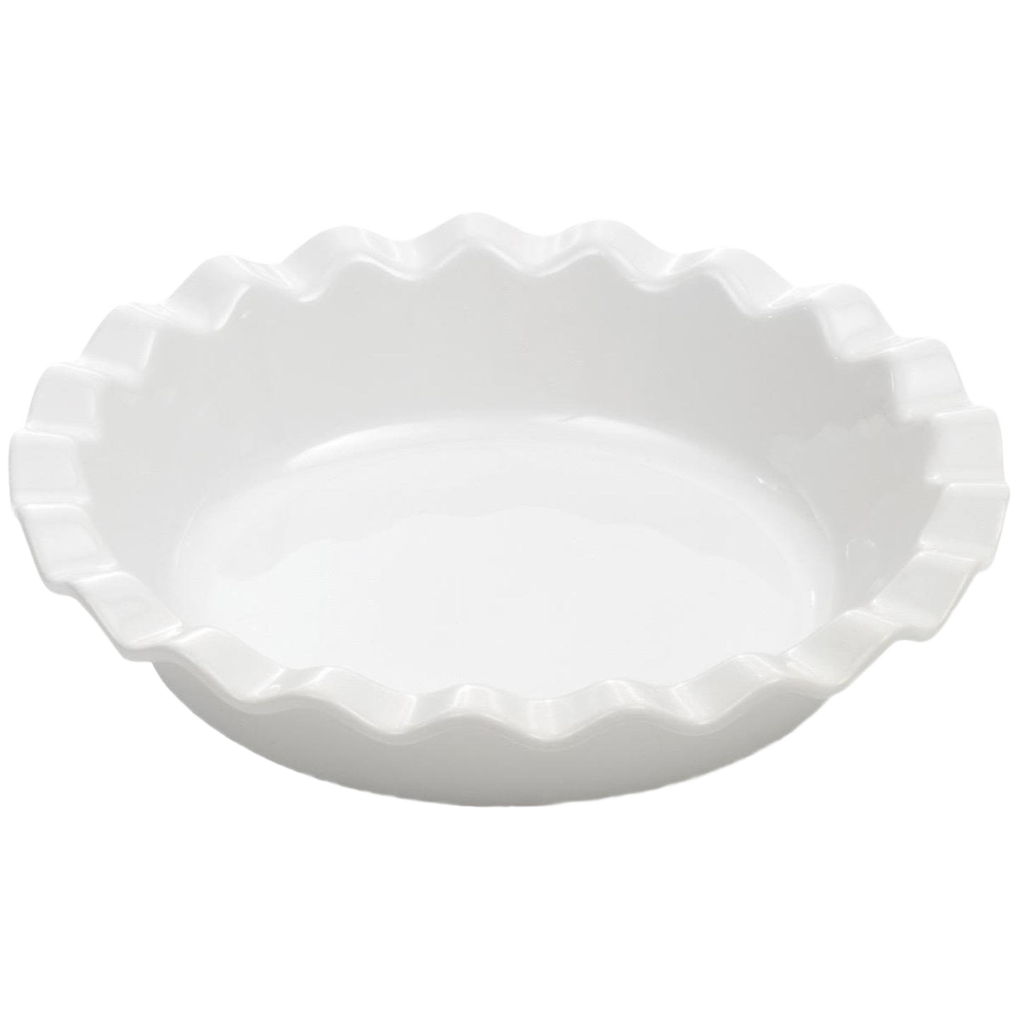 White ceramic pie dish with fluted edges, durable and oven-ready for kitchenware and baking needs under $50.