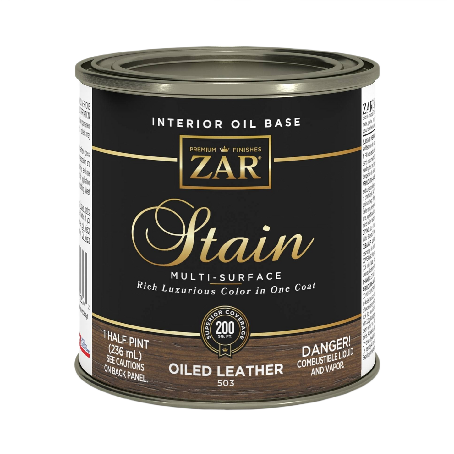 Can of ZAR oil base stain in oiled leather color, suitable for interior stains and wood finishing projects under $50