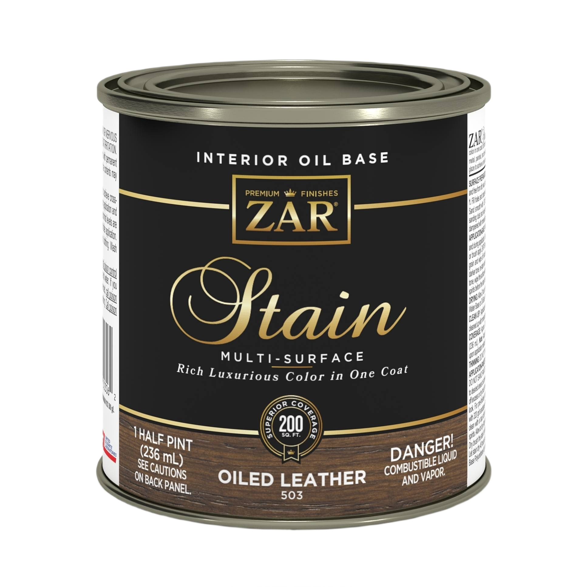 Can of ZAR oil base stain in oiled leather color, suitable for interior stains and wood finishing projects under $50