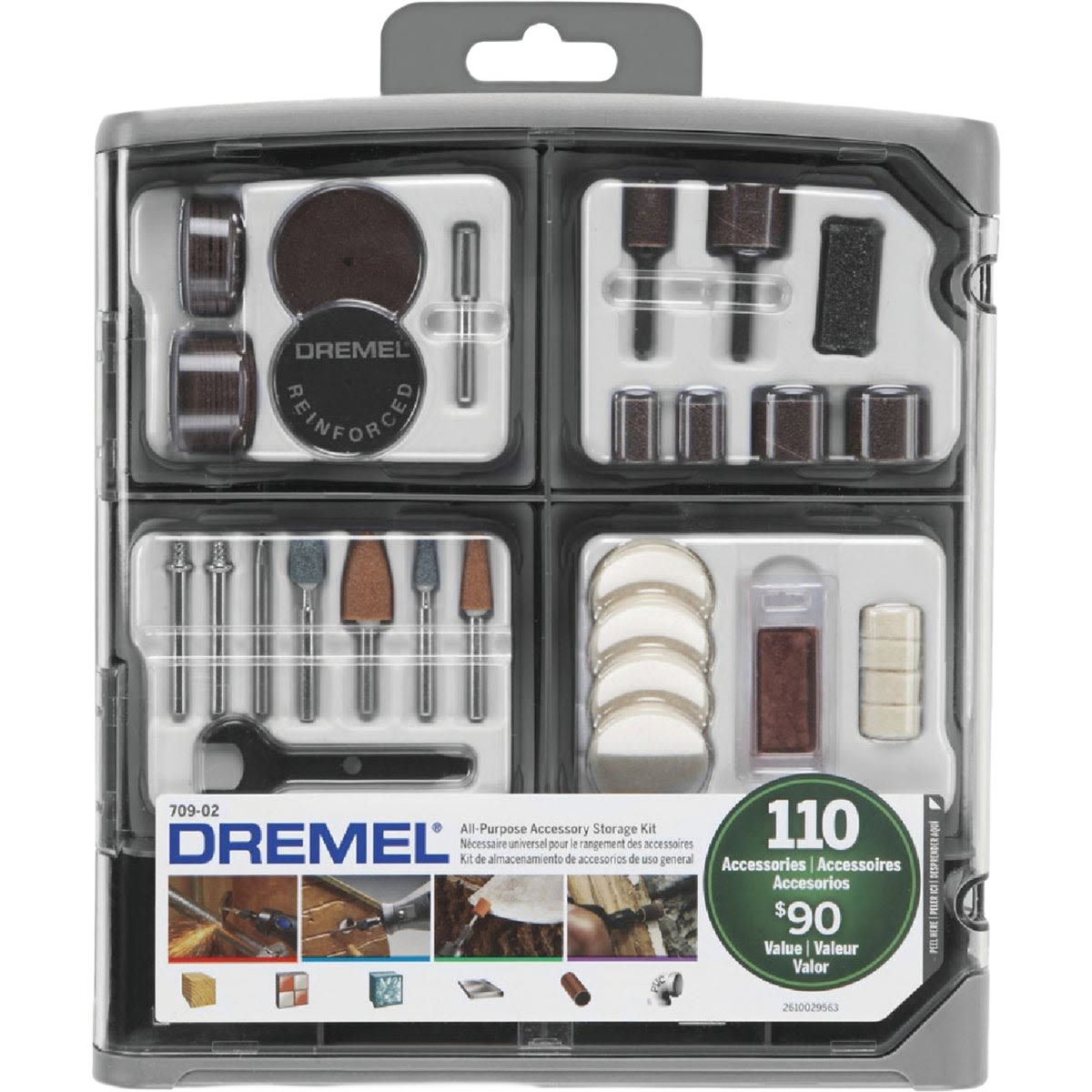 Compact plastic case with assorted rotary tool accessories for detailed work in home improvement and tool collections