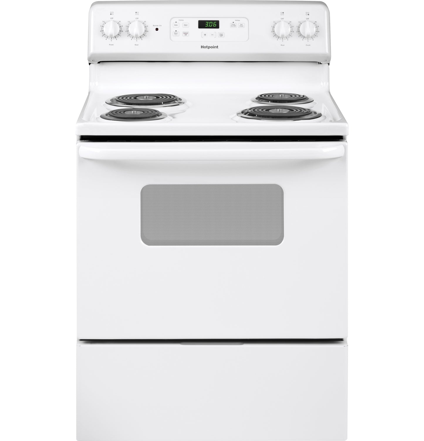 White free-standing electric range with four coil burners, standard oven door window, and control knobs in kitchen appliances collection
