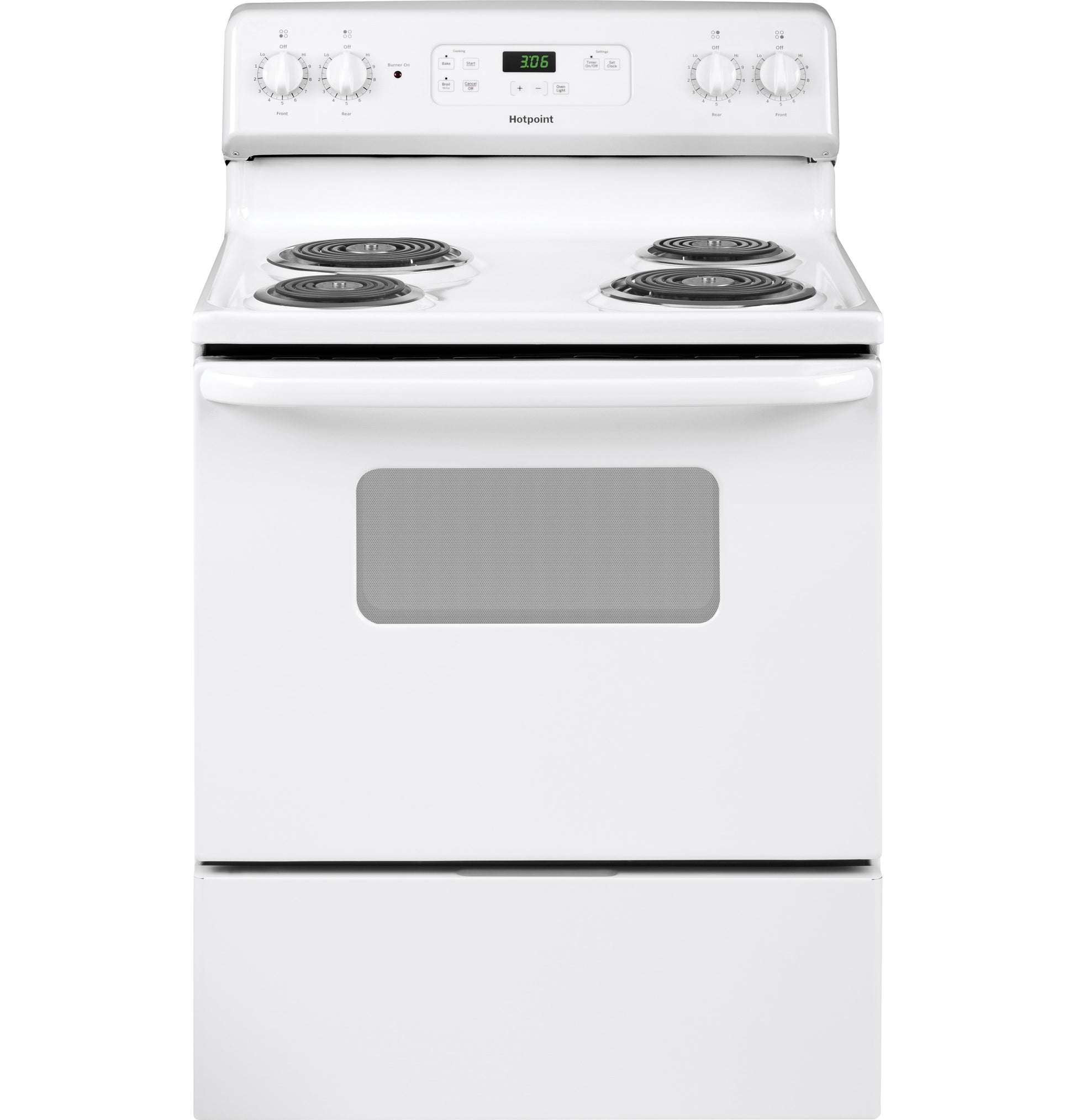 White free-standing electric range with four coil burners, standard oven door window, and control knobs in kitchen appliances collection