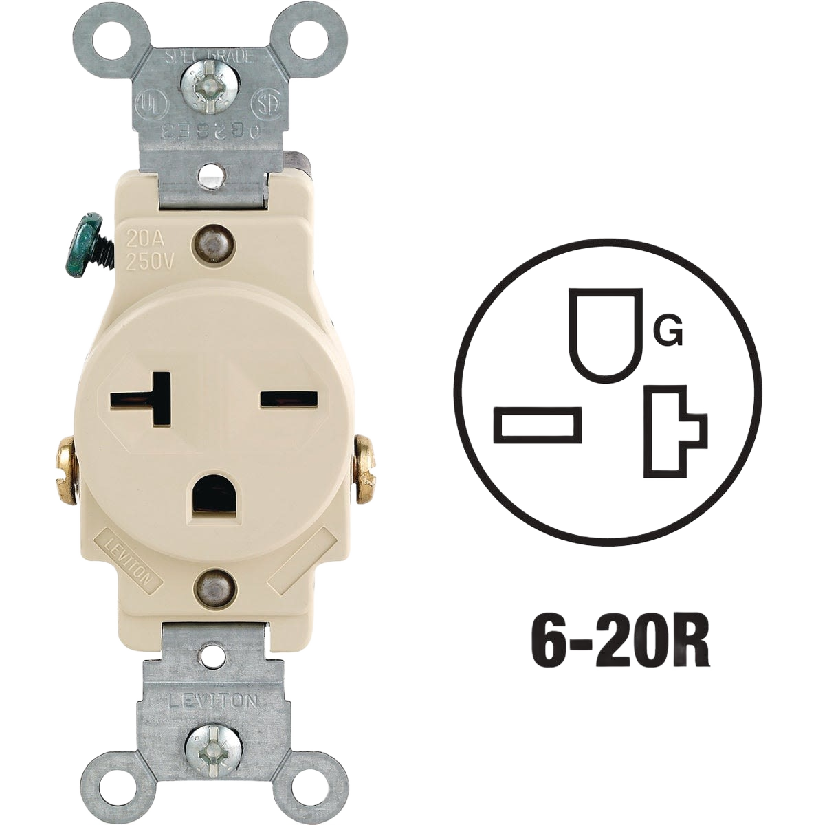 Ivory 20 amp grounding electrical outlet with metal mounting bracket for commercial and home improvement use