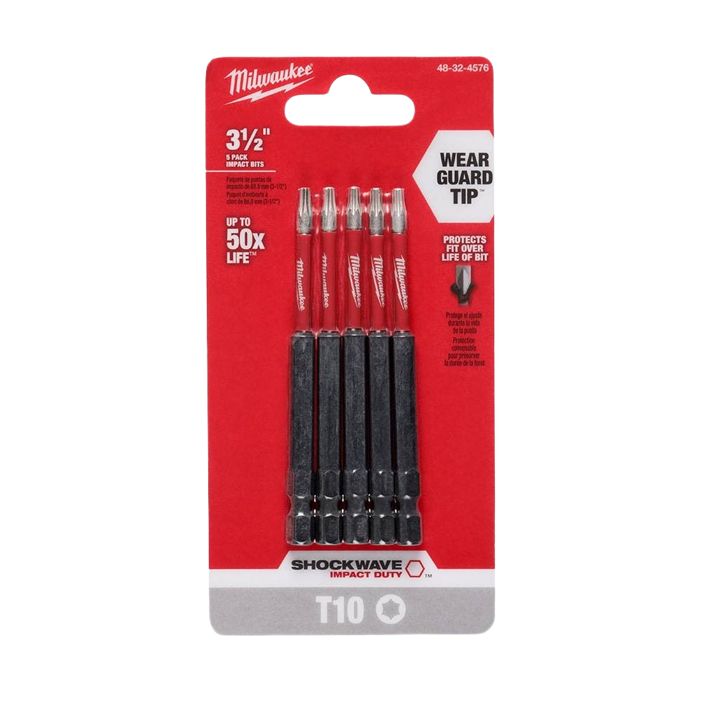 Pack of five Milwaukee red and black 3-1/2 inch T10 TORX impact duty bits for tool accessories and home improvement tasks