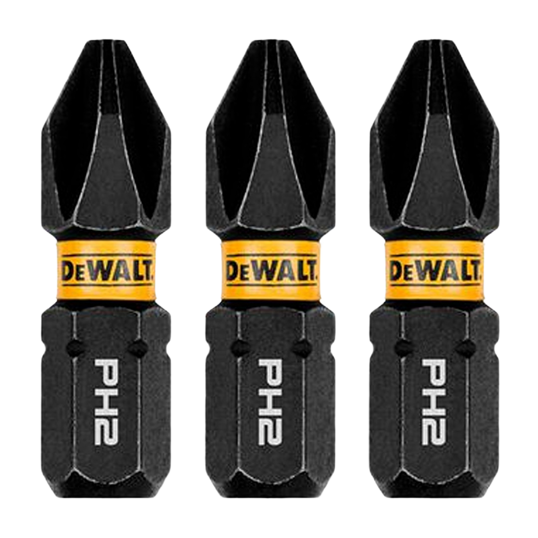 Three Flextorq Phillips #2 drill bits with black finish and yellow Dewalt branding for tool accessories and home improvement projects
