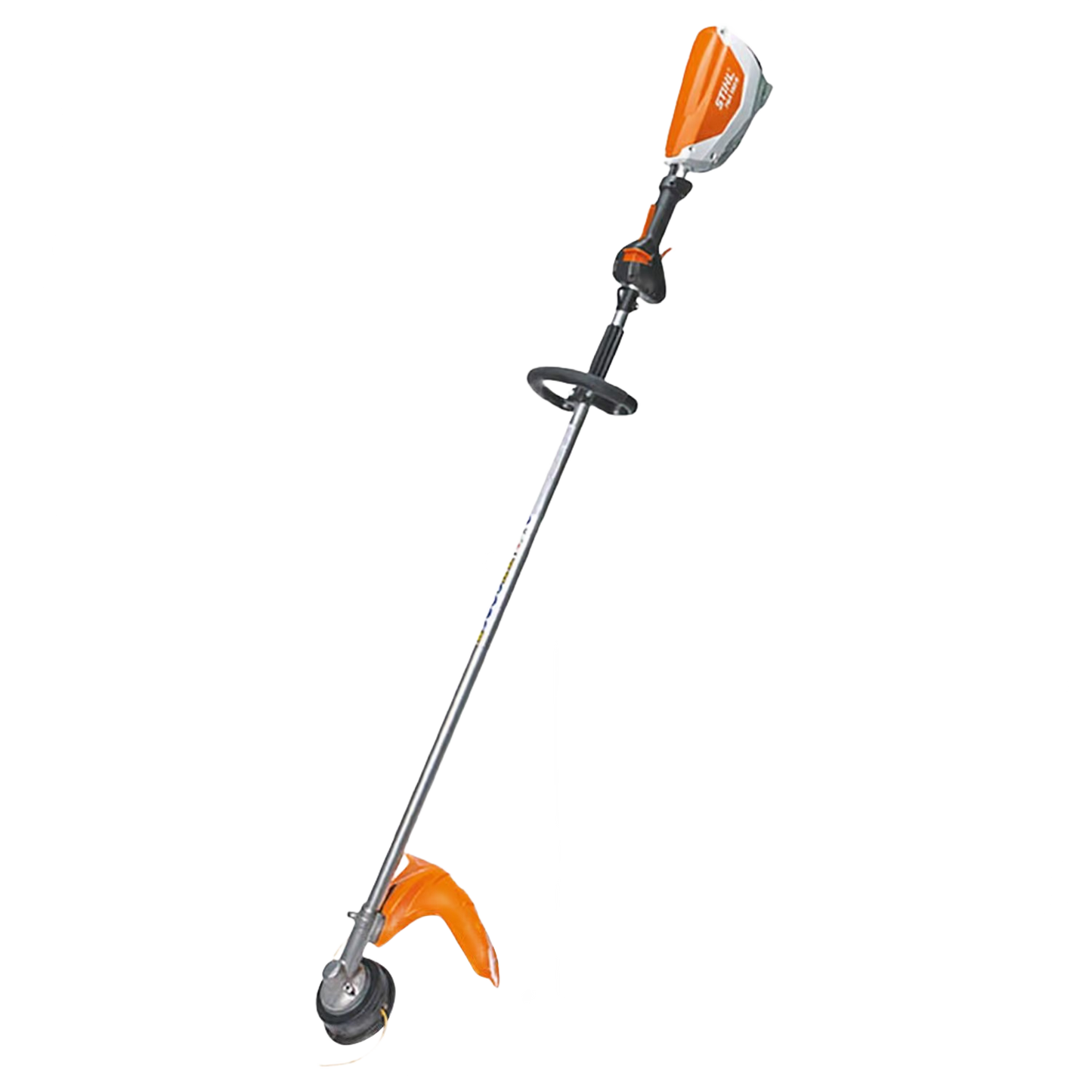 Orange and gray battery-powered garden trimmer with ergonomic handle and protective guard for landscaping tasks