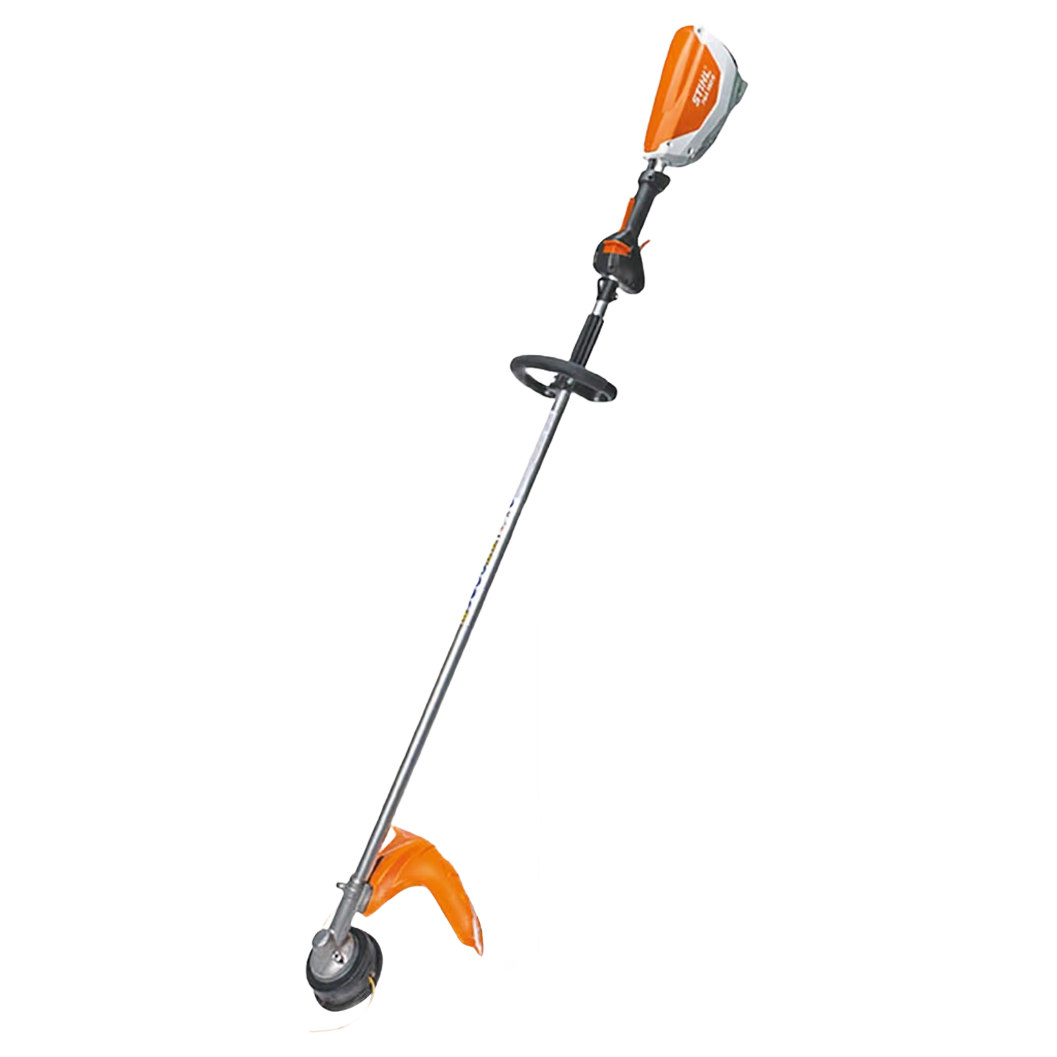 Orange and gray battery-powered garden trimmer with ergonomic handle and protective guard for landscaping tasks