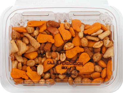 Clear plastic container filled with spicy Cajun trail mix including peanuts and cheddar snacks from Food & Beverage collection