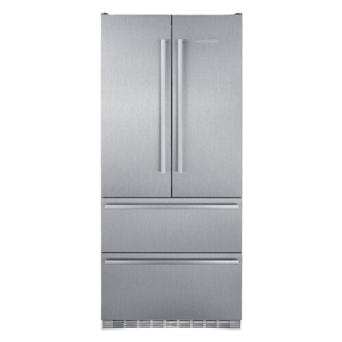 stainless steel freestanding French door refrigerator with two bottom freezer drawers in kitchen appliances collection