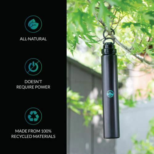 Black cylindrical mosquito barrier hanging from tree branch promoting eco-friendly insect control under $50 collections
