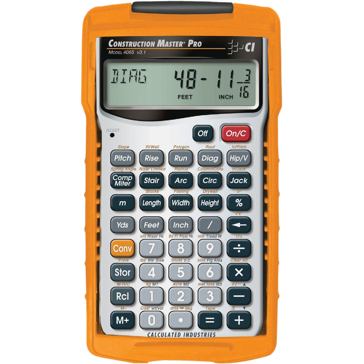Orange handheld construction calculator with digital display and multiple function keys for woodworking and measuring tasks