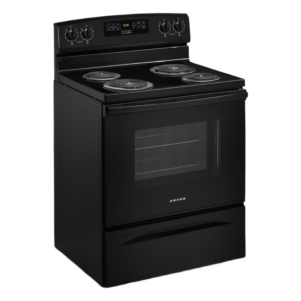 30-inch black electric range with four coil burners and digital controls for kitchen appliances and home improvement