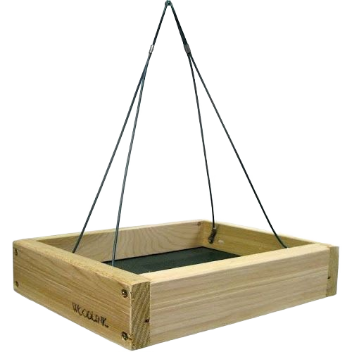 Small wooden hanging platform bird feeder with metal hanging wires for outdoor bird feeding and home improvement.