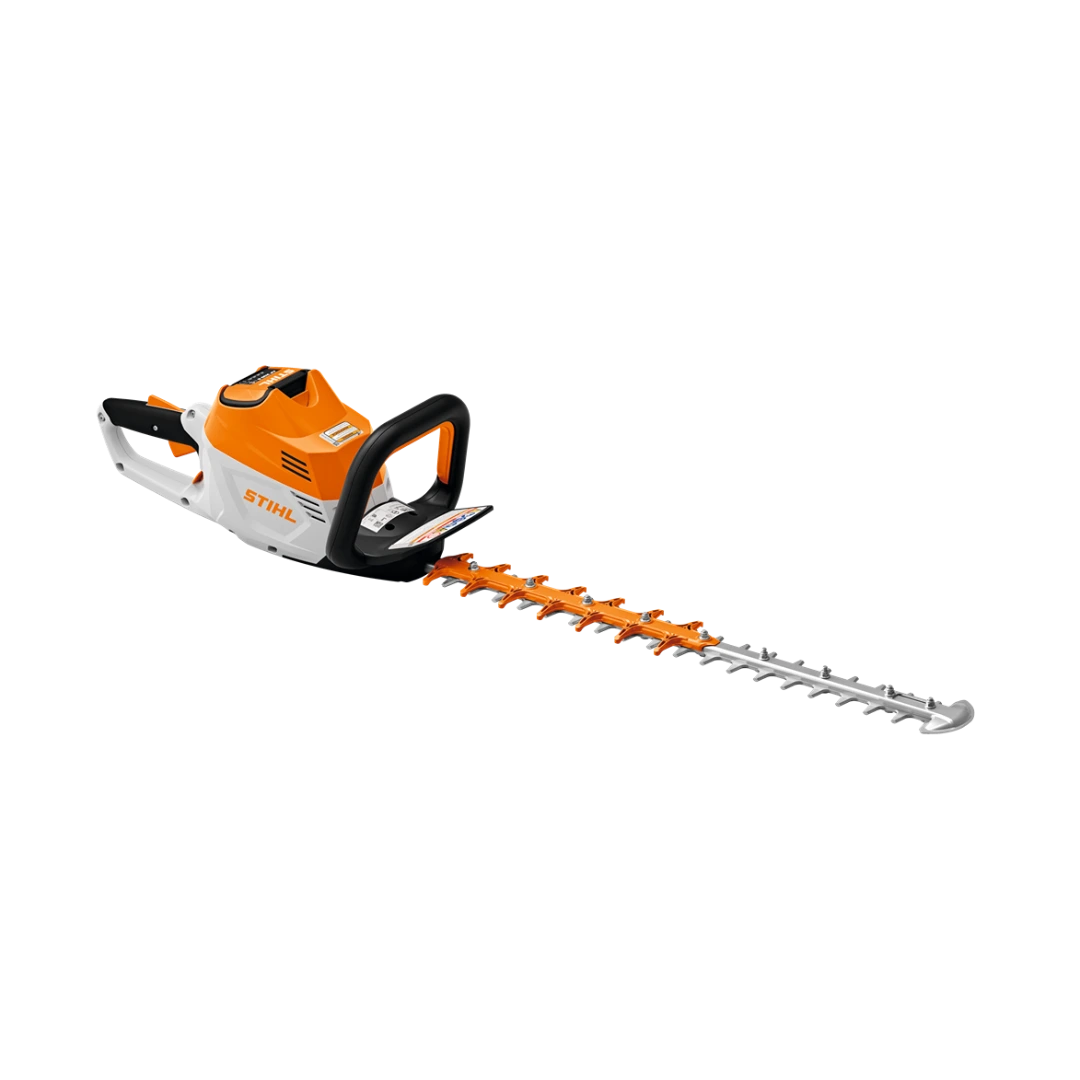 Orange and white battery-powered hedge trimmer with rotating handle for efficient garden and home improvement tasks