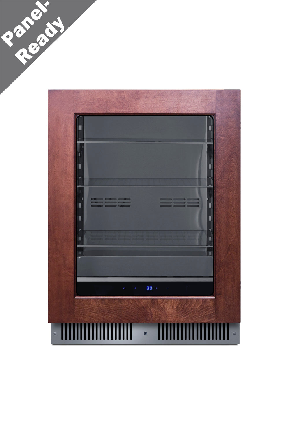 Built-in beverage center with glass door, adjustable shelves, digital temperature display, and wood front panel for kitchen appliances