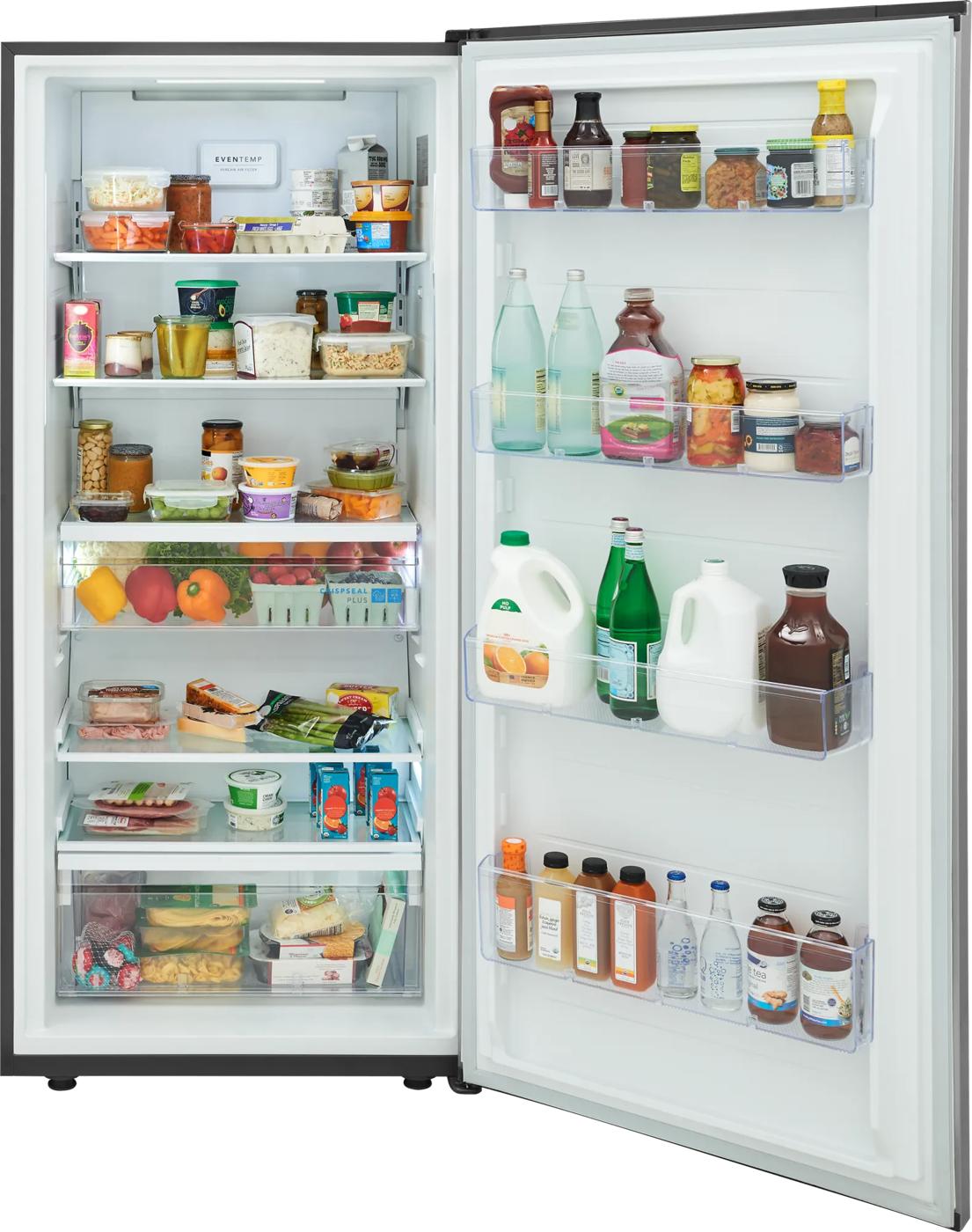 Open view of a 19 Cu. Ft. single-door refrigerator with well-organized shelves and door compartments stocked with various beverages, condiments, and fresh produce, suitable for refrigerators, kitchen & kitchenware, and appliances collections.