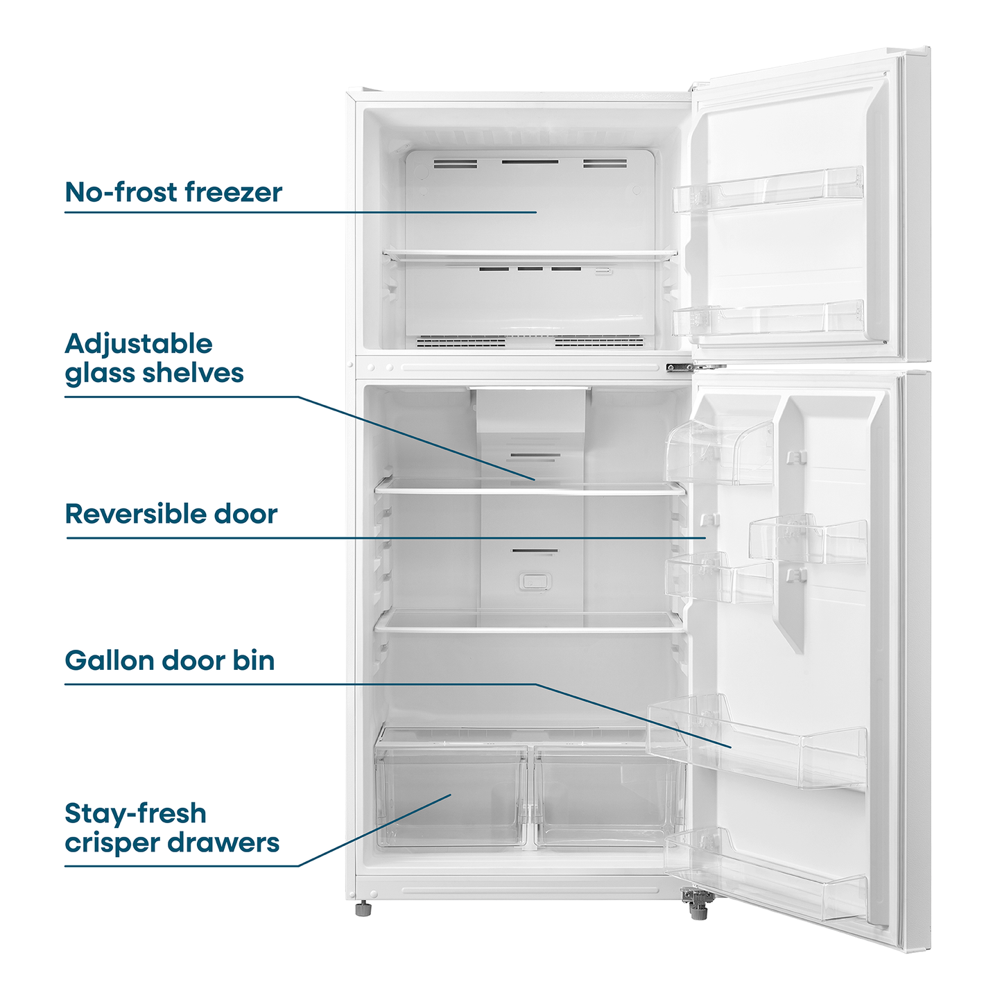 White top freezer refrigerator with no-frost freezer, adjustable glass shelves, reversible door, gallon bin, and crisper drawers