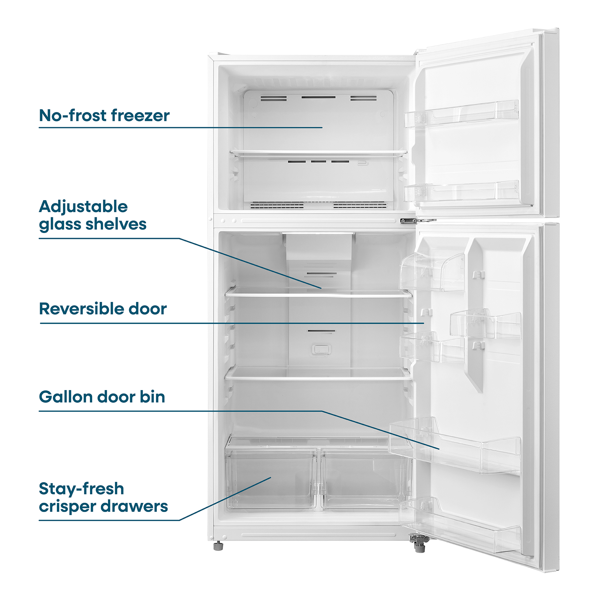 White top freezer refrigerator with no-frost freezer, adjustable glass shelves, reversible door, gallon bin, and crisper drawers