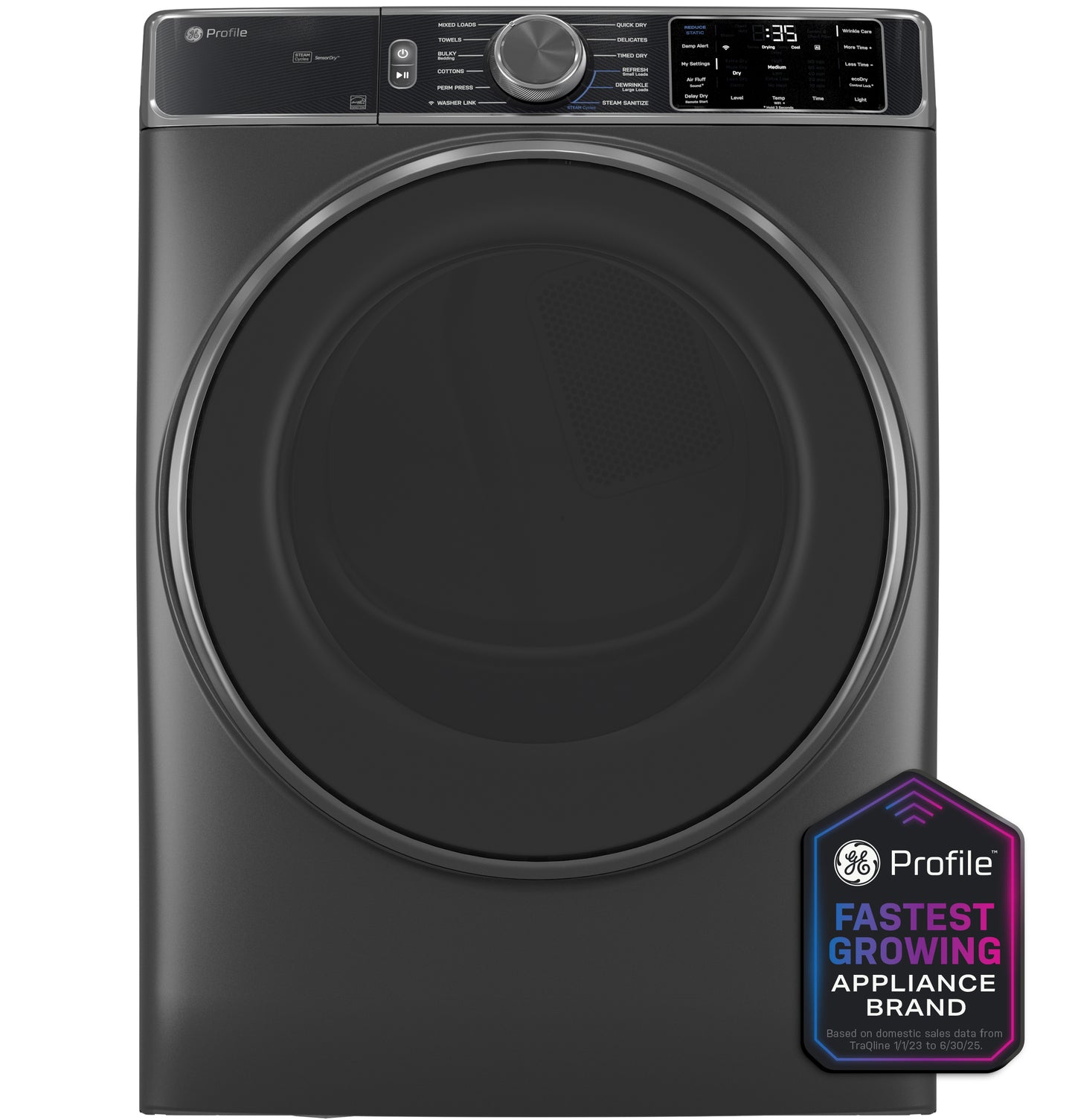 Front load smart electric dryer in dark finish with digital controls and cycle display in dryers and appliances collection