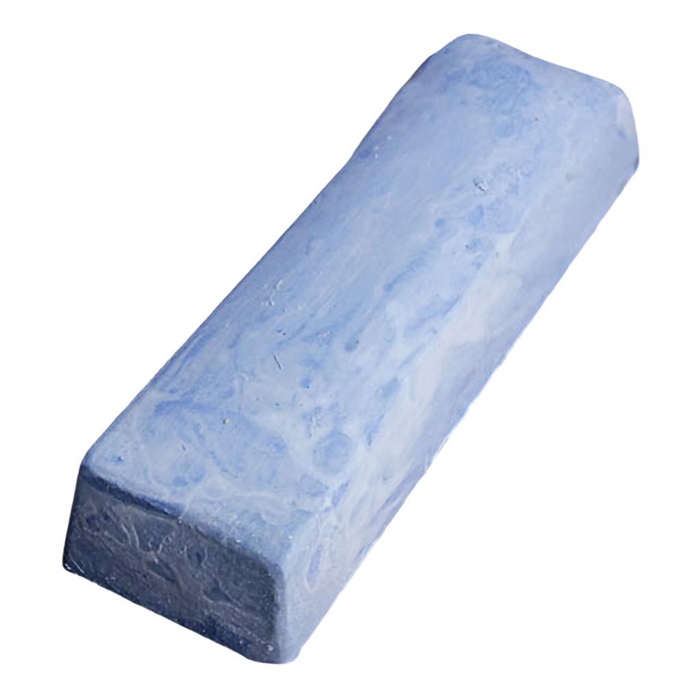 Rectangular light blue buffing compound bar used for polishing tools and home improvement projects